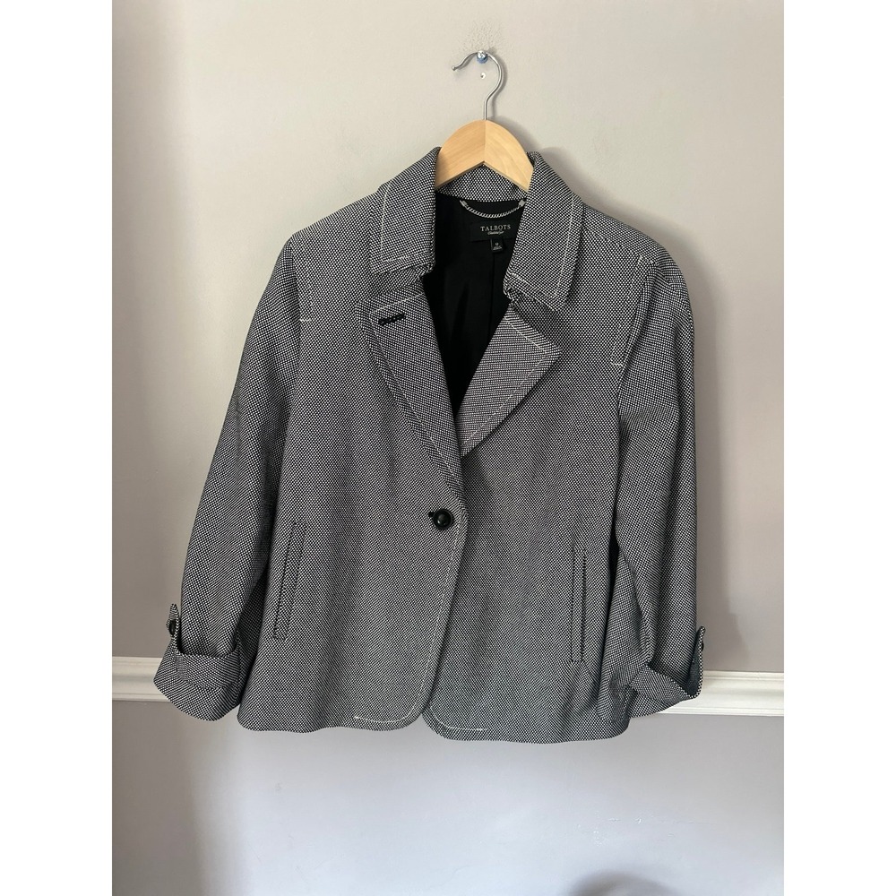 TALBOTS Black White Micro Check Blazer Jacket Womens SZ 12 Swing Coat Office